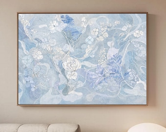 Toile botanique bleue, art mural floral bleu clair, peinture de fleurs abstraites douces, décoration de jardin côtier aéré
