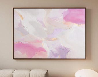 Toile abstraite rose poudré, oeuvre d'art mural rose lavande, décoration moderne féminine, impression jet d'encre de luxe doux