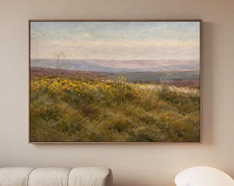 Toile de paysage de prairie de fleurs sauvages, art mural nature pastorale, peinture de campagne vintage, décor jet d'encre neutre