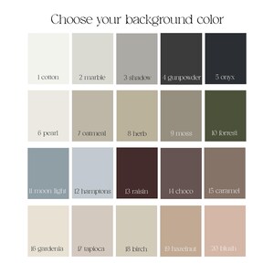 Pu&ograve; includere: Una tavolozza di colori con venti opzioni di colore di sfondo, ciascuna di forma rettangolare. I colori variano dai neutri chiari come "cotton" e "pearl" alle tonalit&agrave; pi&ugrave; scure come "onyx" e "forrest". Il testo "Choose your background color" &egrave; in alto.