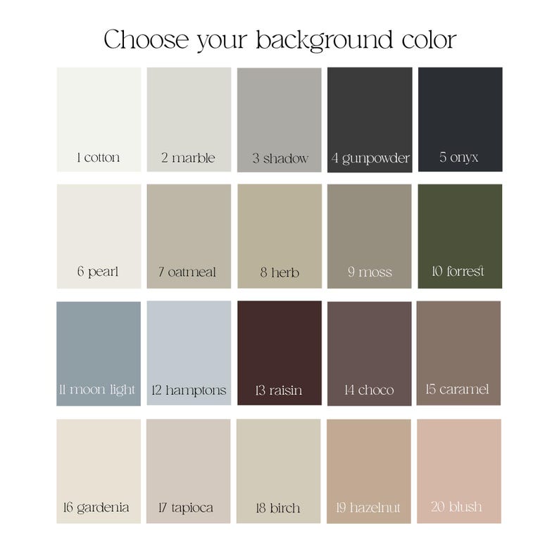 Pu&ograve; includere: Una tavolozza di colori con venti opzioni di colore di sfondo, ciascuna di forma rettangolare. I colori variano dai neutri chiari come "cotton" e "pearl" alle tonalit&agrave; pi&ugrave; scure come "onyx" e "forrest". Il testo "Choose your background color" &egrave; in alto.