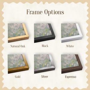 May include: Image showcasing six framed art print options. The frames are displayed in Natural Oak, Black, White, Gold, Silver, and Espresso. Each frame surrounds a print with a muted, abstract design, offering a variety of styles.