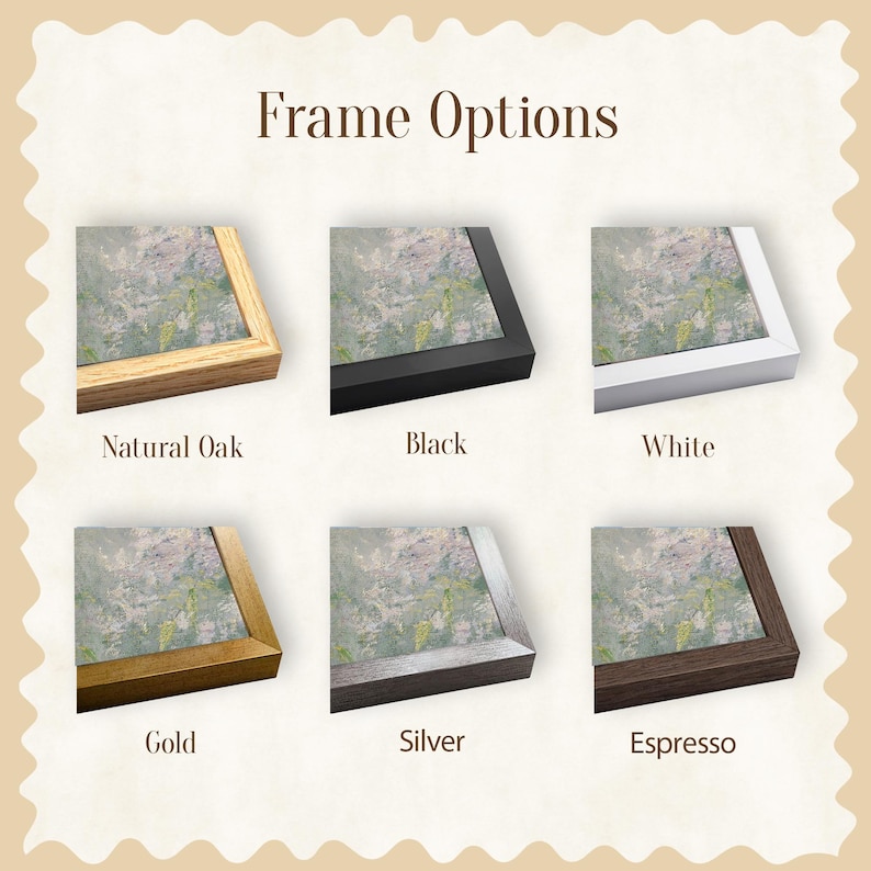 May include: Image showcasing six framed art print options. The frames are displayed in Natural Oak, Black, White, Gold, Silver, and Espresso. Each frame surrounds a print with a muted, abstract design, offering a variety of styles.