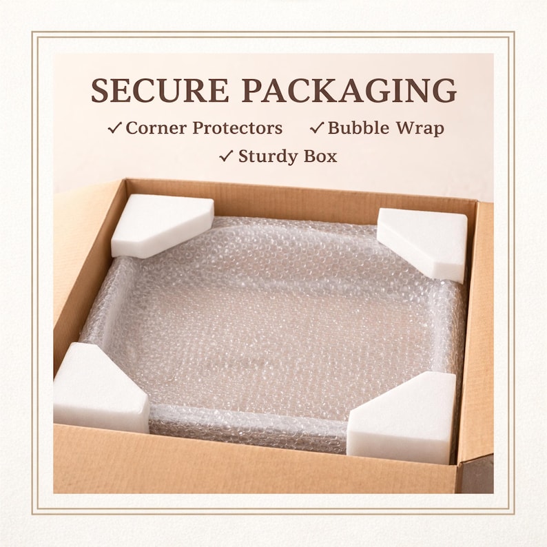 May include: Open cardboard box with a product inside, protected by bubble wrap and white corner protectors. The box has the text "SECURE PACKAGING" with checkmarks for "Corner Protectors", "Bubble Wrap", and "Sturdy Box".
