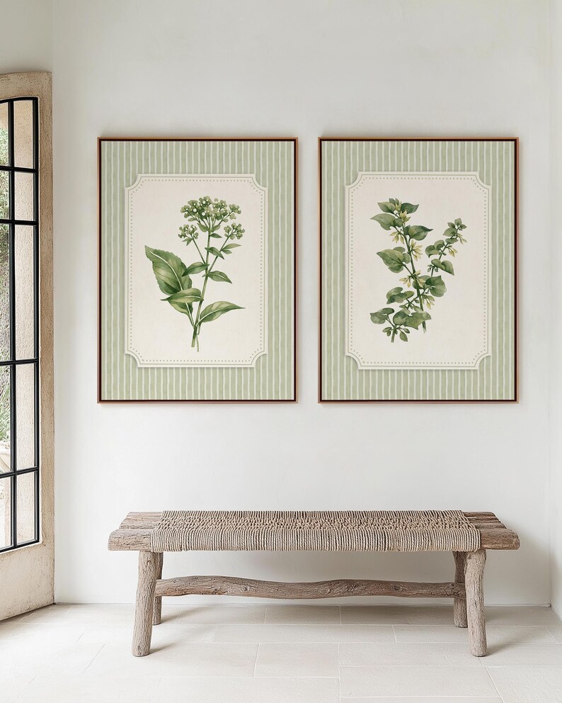 Sage Green Botanical Wall Art Set of 2, Vintage Herb Giclee Prints ...