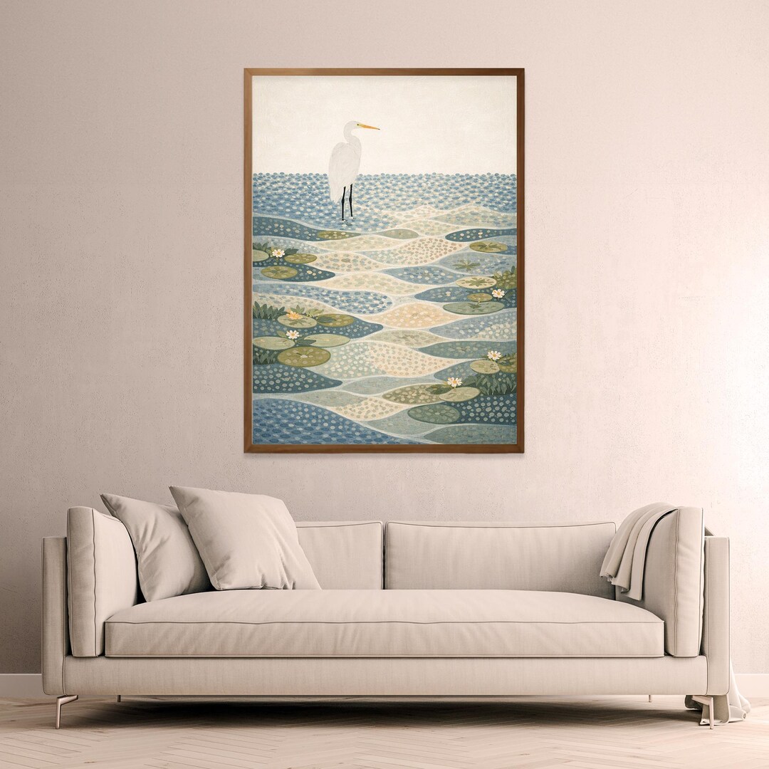 Egret Canvas Print, Coastal Bird Wall Art, Lily Pad Pond Landscape ...