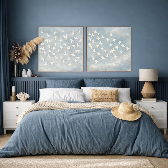 White Birds Canvas Set of 2 | Large Framed Diptych Wall Art | Bird Flock Gallery Wall | Dusty Blue Bedroom Décor | Ready to Hang