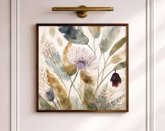 Floral Canvas Wall Art, Watercolor Botanical Print, Earth Tone Framed Art