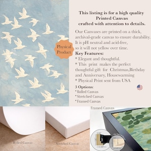 May include: A high-quality printed canvas featuring a flock of white birds against a light blue sky. The image shows rolled, stretched, and framed canvas options. Text details include key features and options for the physical product.