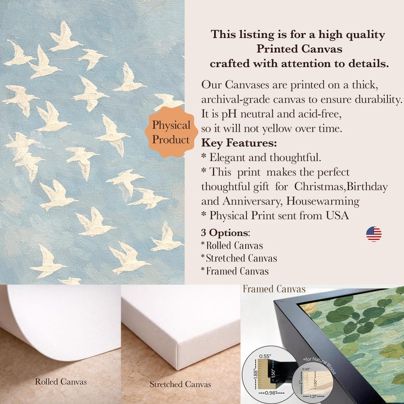 May include: A high-quality printed canvas featuring a flock of white birds against a light blue sky. The image shows rolled, stretched, and framed canvas options. Text details include key features and options for the physical product.
