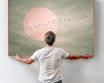 Pink Moon Wall Art,  Japandi. Framed Canvas, Sage Green Pink Moon & Birds Print, Wabi Sabi Minimalist Wall Decor, Large Above Couch Art
