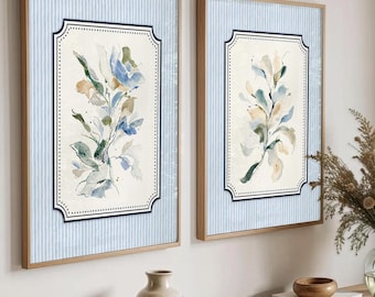 Lot de 2 oeuvres d'art murales botaniques bleues, affiches florales aquarelles, décoration grand millénaire à rayures, estampes bleu côtier