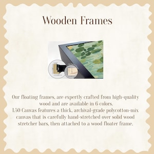 May include: The image showcases a black wooden frame with a canvas print. The text "Wooden Frames" is at the top. The frame has a depth of 0.985 inches and a width of 0.55 inches. The canvas is 1.50 inches thick.
