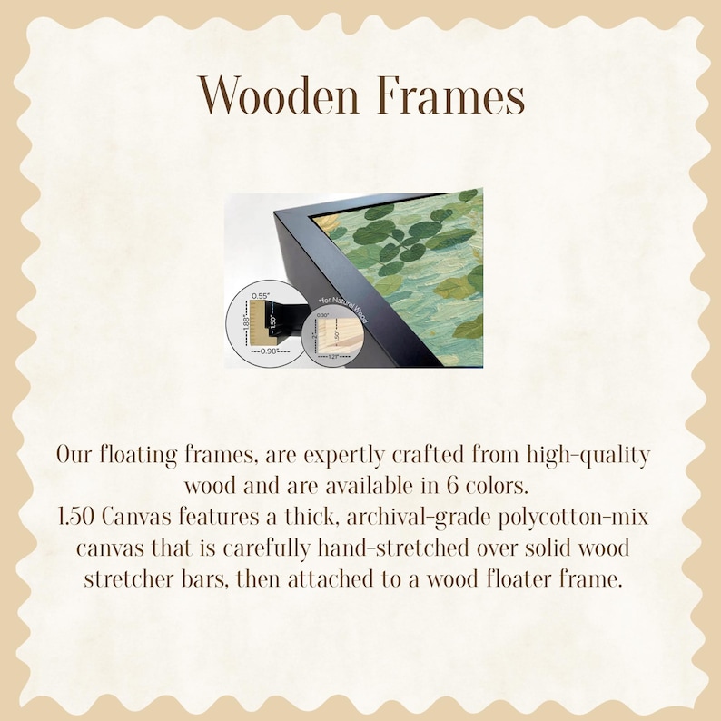 May include: The image showcases a black wooden frame with a canvas print. The text "Wooden Frames" is at the top. The frame has a depth of 0.985 inches and a width of 0.55 inches. The canvas is 1.50 inches thick.