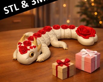 Drago articolato Valentine Rose in formato STL e file 3MF / Simpatico drago flessibile antistress / Articolabile e flessibile