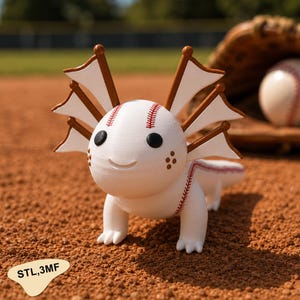 May include: A white axolotl figurine with a baseball-inspired design, featuring red stitching patterns on its head and body, brown-trimmed white gills, and black eyes. The figurine has a smooth texture and is positioned on a dirt surface.