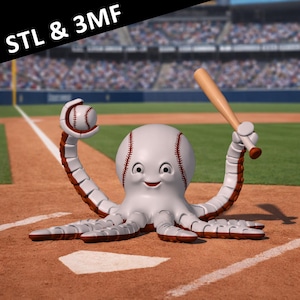 Flexi Baseball Octopus STL & 3MF, Baseball Coach Gift 3D Print Files, Articulated Desk Toy,