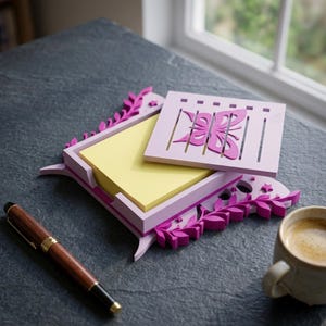 Op de afbeelding: Een decoratieve bureau-organizer in roze en paarse tinten, met een stapel gele plaknotities. De organizer heeft een vlinderontwerp en bloemaccenten. Een houten pen en een kopje koffie staan ook op het bureau.