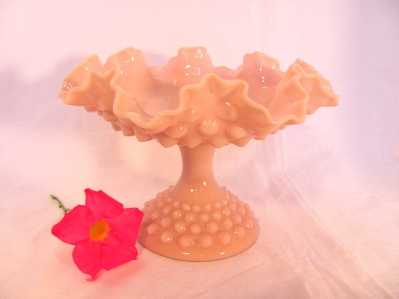 Fenton Pink Milk Glass Hobnail Compote Candy Dish with Ruffled Etsy