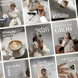 May include: A series of lifestyle images in neutral tones. The images include coffee, accessories, and text overlays with phrases such as "strongest strategy," "client results," and "recipe for organic growth." The theme suggests content creation or social media marketing.