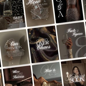 Op de afbeelding: Een verzameling vierkante afbeeldingen met elegante tekstoverlays in een zacht, neutraal kleurenpalet. De afbeeldingen bevatten zinnen als "Trust on Your Confidence" en "Clarity Over Chaos". Sommige afbeeldingen tonen een hand die een champagneglas vasthoudt.