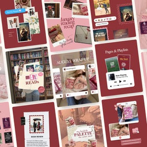 May include: A collage of images with a pink and burgundy color scheme, featuring book covers, text, and graphics. The text includes "Monthly Book Recap," "January Reading Recap," "May Reads," and "Book Review." The collage is themed around books and reading.