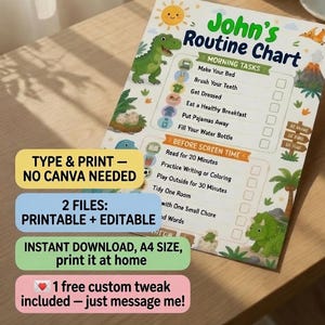 Editable Dinosaur Routine Chart, Printable Kids Chore Chart, Daily Task Checklist, Personalized Morning Routine, Instant Download