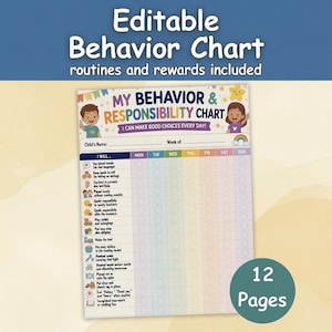 Editable Behavior Chart for Kids, Chore Chart, At Home Behavior Chart, Calm down, Printable Daily Behavior Chart Kid, preschool curriculum
