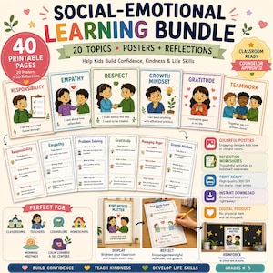 Könnte beinhalten: Ein sozial-emotionales Lernpaket mit 40 druckbaren Seiten, darunter 20 Poster und 20 Reflexionsarbeitsblätter. Die Lehrmaterialien zeigen farbenfrohe Illustrationen und Texte zu Themen wie Empathie, Respekt und eine wachstumsorientierte Denkweise.