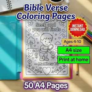 50 Kids Bible Verse Coloring Pages | Christian, Bible study Printable for Kids | Sunday School Activity | Instant Digital Download PDF