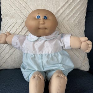 Vintage Cabbage Patch Doll 1978-1982 No Hair Blue eyes Blue Gingham Romper Vest