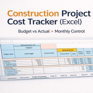Könnte beinhalten: Eine digitale Tabelle mit dem Titel "Construction Project Cost Tracker (Excel)" mit dem Text "Budget vs Actual - Monthly Control". Die Tabelle zeigt Projektkostendaten, einschließlich des ursprünglichen Budgets, des tatsächlichen Preises und der Auftragnehmerdetails. Ein Excel-Logo befindet sich oben rechts.