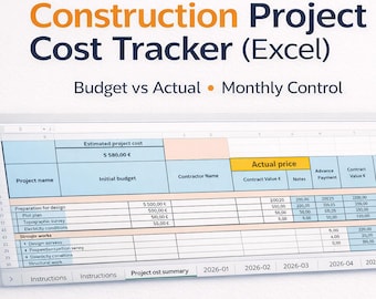 Seguimiento de costos de proyectos de construcción en Excel / Presupuesto vs. real / Control de costos mensuales / Sin macros