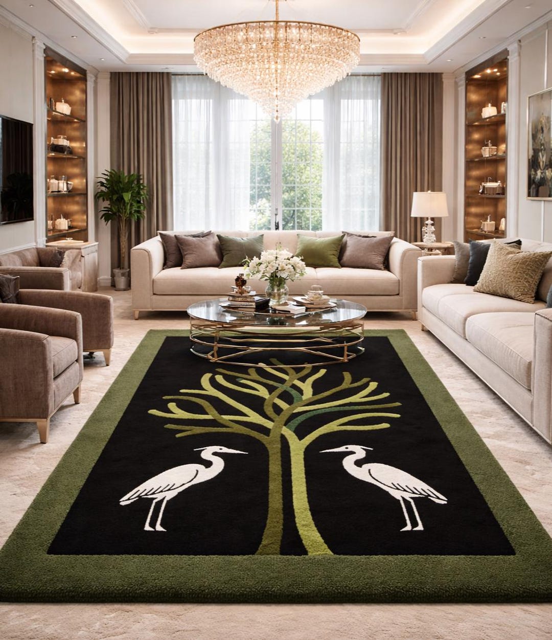 Abstract Tree & Crane Area Rug – Black and Green Decorative Carpet - Etsy