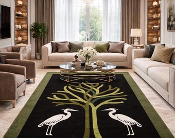 Abstract Tree & Crane Area Rug – Black and Green Decorative Carpet