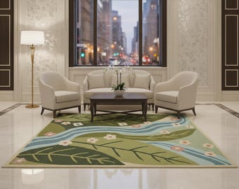 Whimsical Botanical Area Rug with Flowing River and Floral Meadow Motif