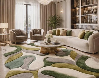 Modern Abstract Area Rug, Green Ivory Grey, Plush Wavy Design