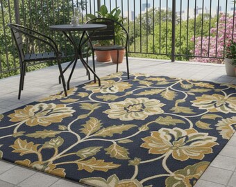 Navy Blue Floral Area Rug, Classic Botanical Medallion Design