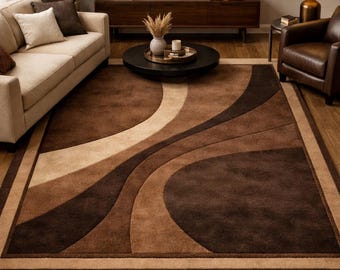 Earth Tone Abstract Area Rug | Brown Geometric Swirl Carpet