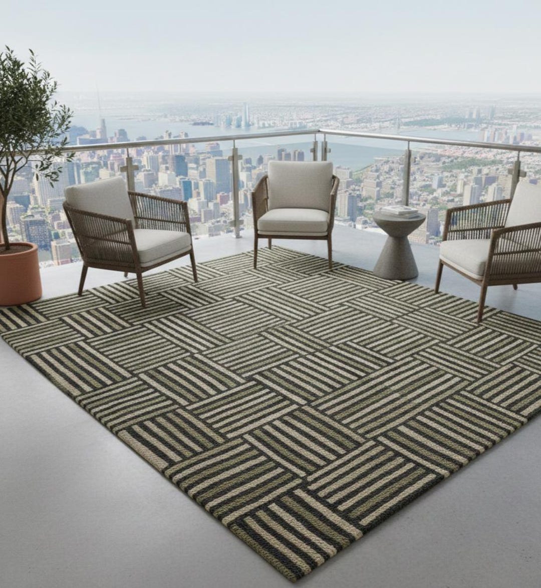 Modern Olive Green Striped Outdoor Rug – Geometric Patio Carpet - Etsy