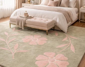 Hand-Finished Sage Green Rug with Embossed Pink Floral Vines