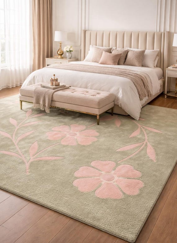 Hand-Finished Sage Green Rug with Embossed Pink Floral Vines