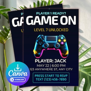 Bewerkbare uitnodiging voor een gaming-verjaardag | Neon design met gamecontroller | Level Up feestuitnodiging | Printbaar (5x7 inch) | Canva-sjabloon