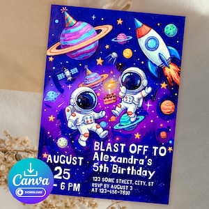 以下が含まれることがあります： 宇宙をテーマにした5歳の誕生日パーティーの鮮やかな招待状。2人の宇宙飛行士、惑星、ロケット、そして「BLAST OFF TO Alexandra's 5th Birthday」というテキストがデザインされています。日付は8月25日、午後6時です。