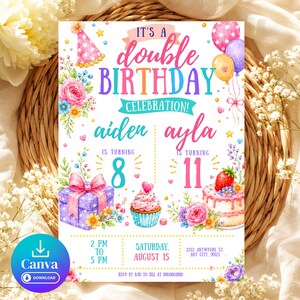 以下が含まれることがあります： AidenとAylaの8歳と11歳の誕生日を祝うダブルバースデー招待状。IT'S A double BIRTHDAY CELEBRATION!の文字、ピンクのパーティーハット、風船、プレゼントボックス、カップケーキ、花が飾られたイチゴのケーキが描かれています。