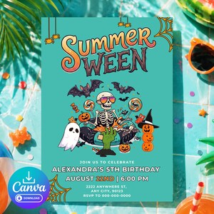 May include: A teal invitation with the text "Summer Sween" in orange and purple. The design includes a skeleton wearing sunglasses, bats, pumpkins, and a ghost. The invitation is for Alexandra's 5th birthday on August 22nd.