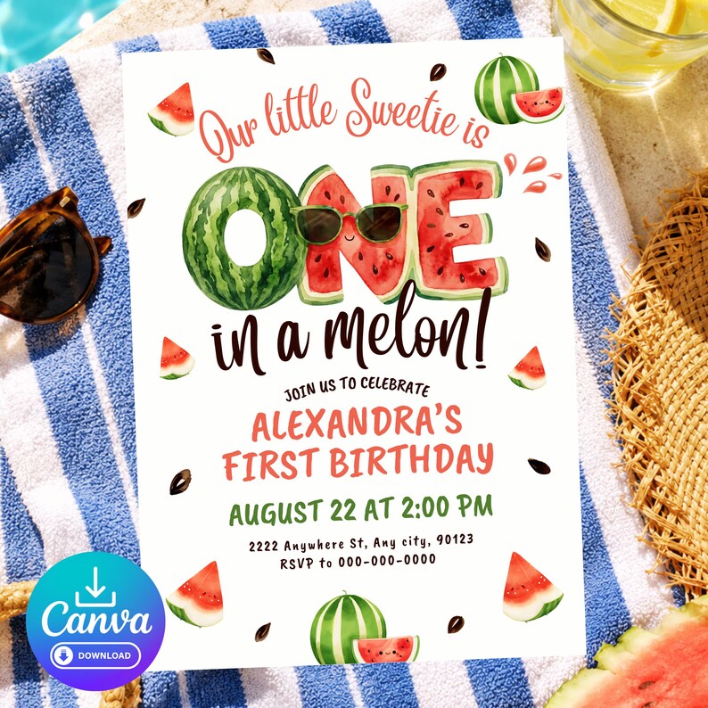 Watermelon First Birthday Invitation Template | One in a Melon Party ...