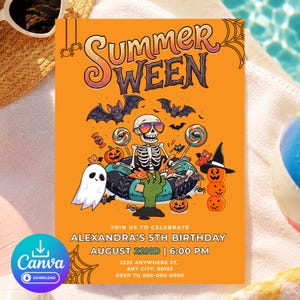 May include: Orange invitation card with the text "Summer WEEN" and Halloween-themed illustrations. Features a skeleton wearing sunglasses, bats, pumpkins, and a ghost. Includes party details: Alexandra's 5th birthday, August 22nd, 6:00 PM.