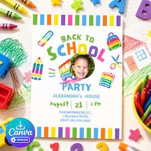 Editable Back to School Party Invitation with Photo | Rainbow School Theme Kids Invite | 5x7 Printable Canva Template