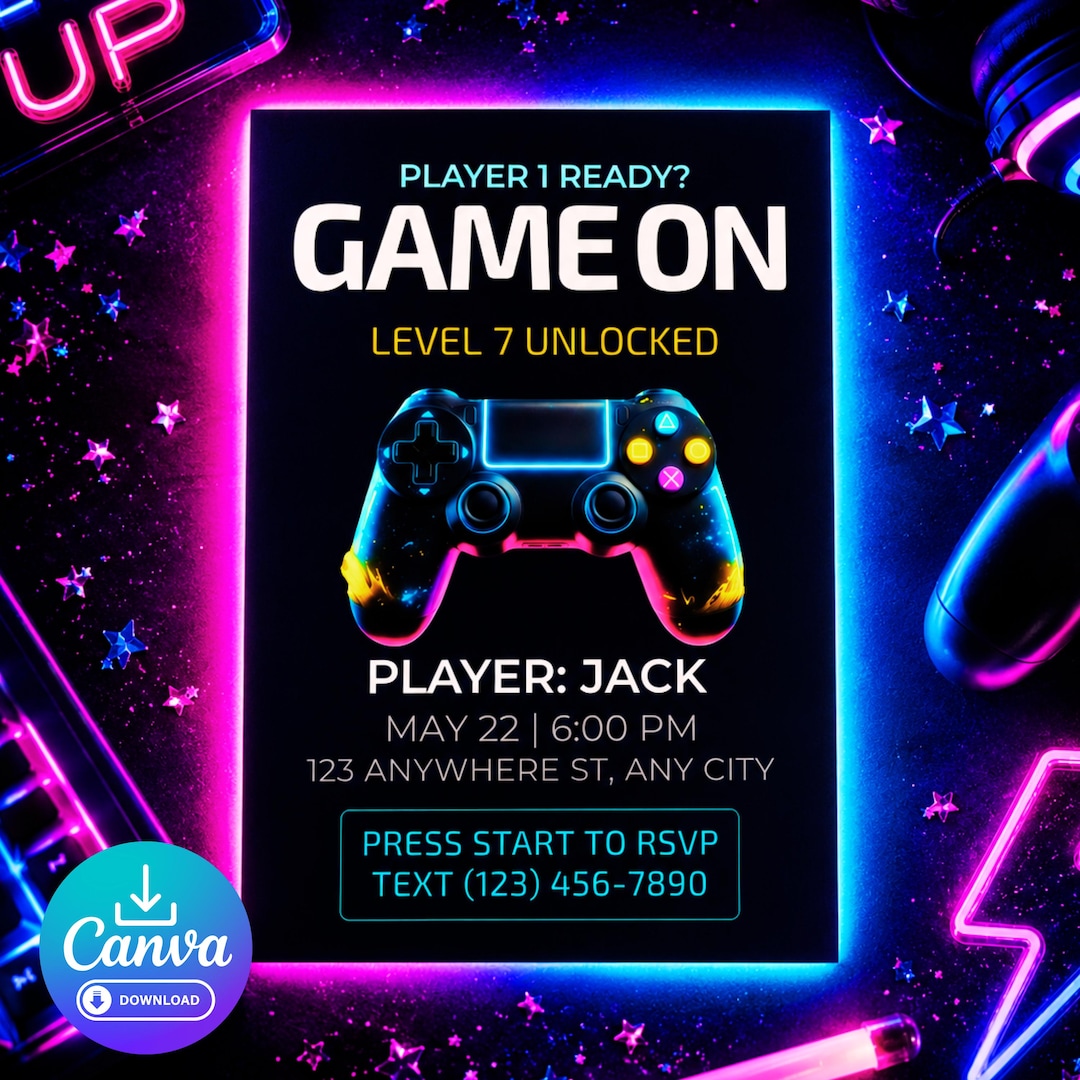Editable Gaming Birthday Invitation | Game Controller Neon Design ...